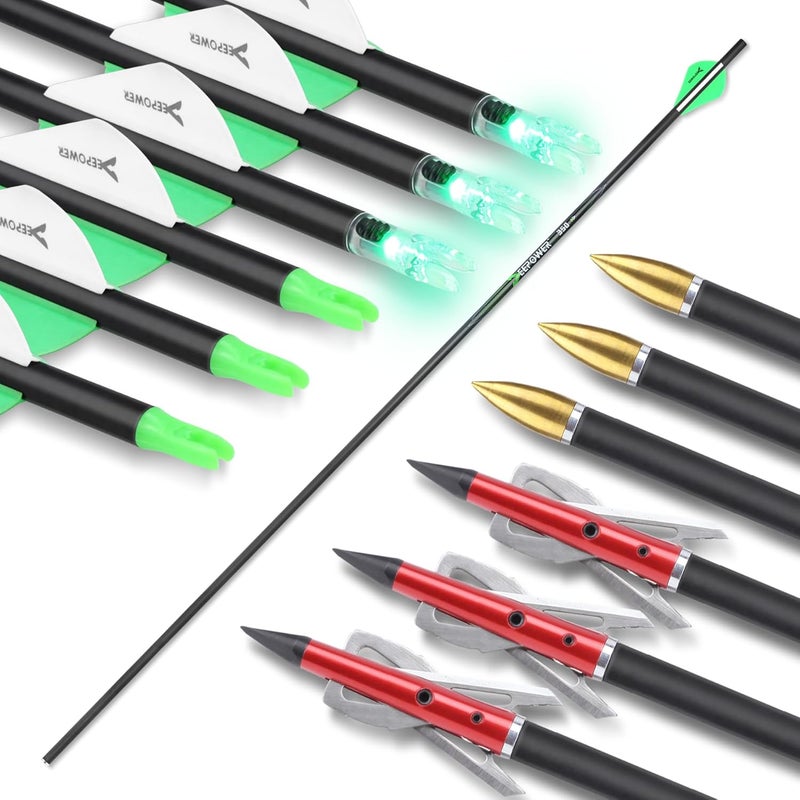 DEEPOWER Store 6 Pack 31-inch Carbon Arrows with Mechanical Broadheads and Lighted Nocks for Compound Bow and Recurve Bow - Image 3